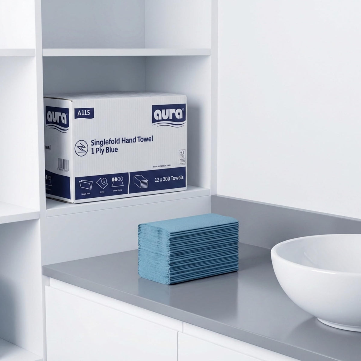 Aura V-Fold Paper Hand Towels - 1 Ply Blue Recycled - 3600 Sheets Bulk Pack - New