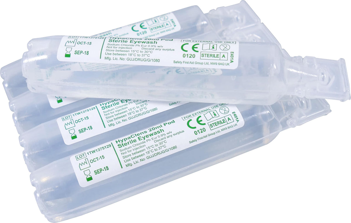 Safety First Aid HypaClens 20ml Saline Eye Wash Pods - Pack of 25 - Sterile First Aid Solution - Damaged Box