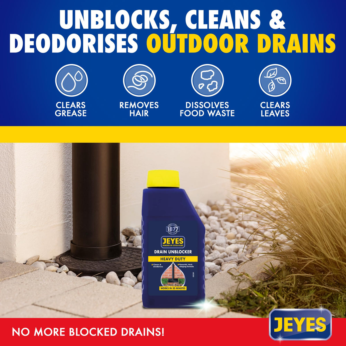 Jeyes Drain Unblocker 1L - Powerful Liquid Cleaner for Blocked Pipes - New