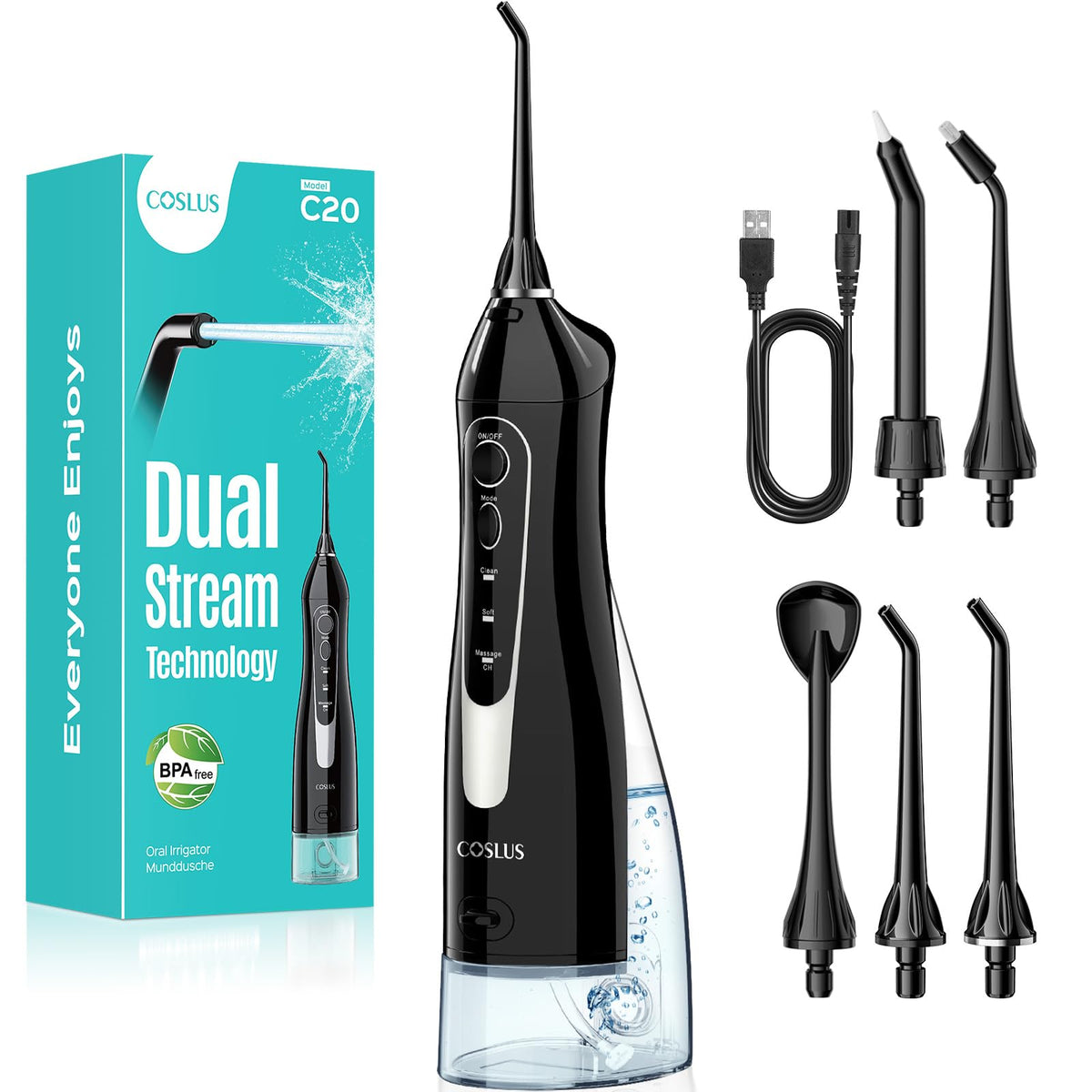 COSLUS Water Flosser Cordless - Portable Oral Irrigator 300ML - 5 Jet Tips Rechargeable - IPX7 Waterproof Black - Teeth Braces Cleaner - Damaged Box