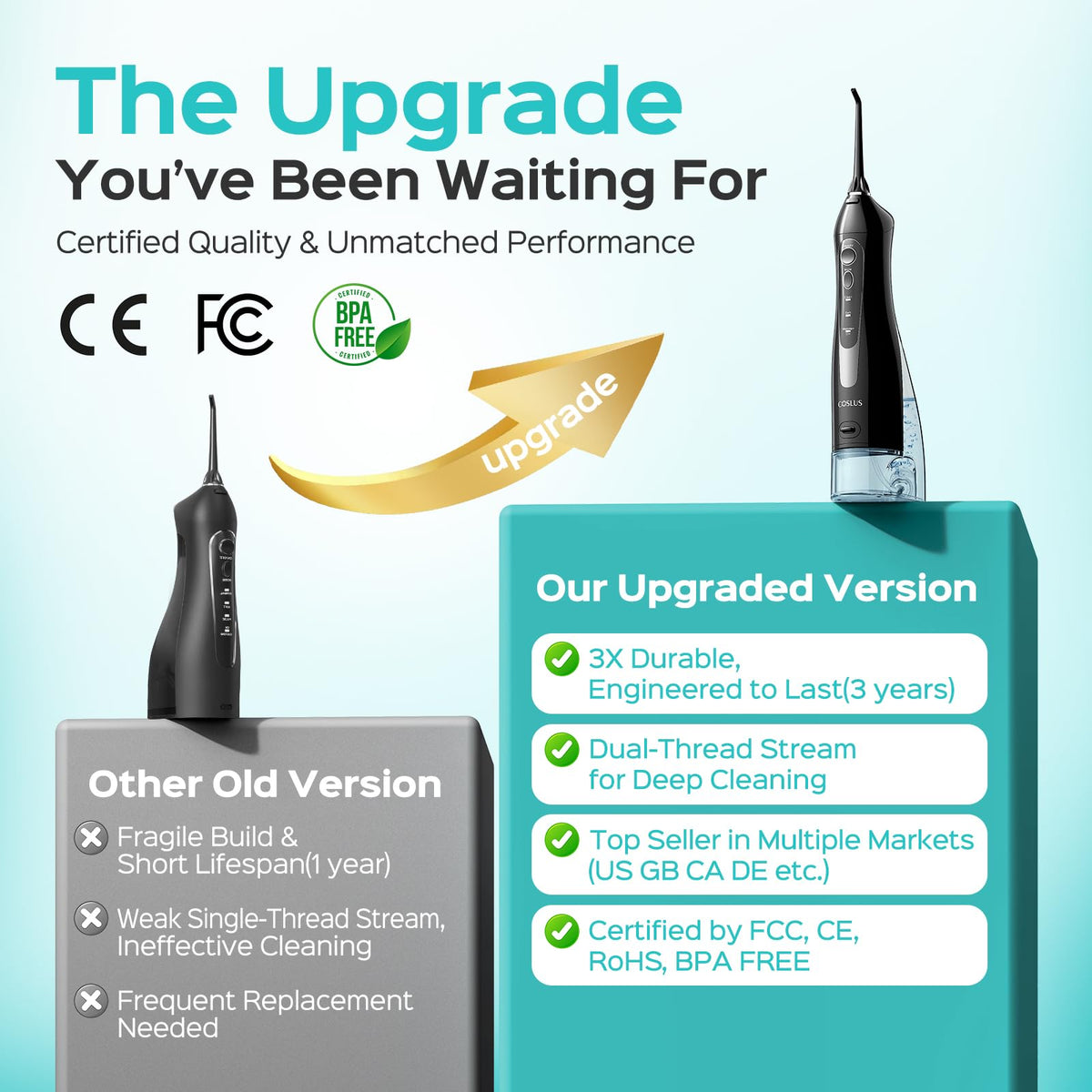 COSLUS Water Flosser Cordless - Portable Oral Irrigator 300ML - 5 Jet Tips Rechargeable - IPX7 Waterproof Black - Teeth Braces Cleaner - Damaged Box