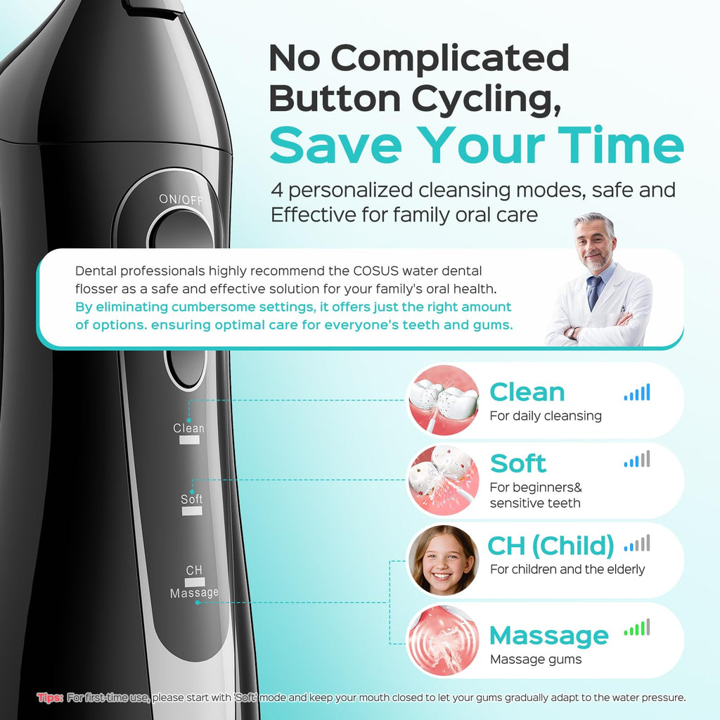 COSLUS Water Flosser Cordless - Portable Oral Irrigator 300ML - 5 Jet Tips Rechargeable - IPX7 Waterproof Black - Teeth Braces Cleaner - Damaged Box