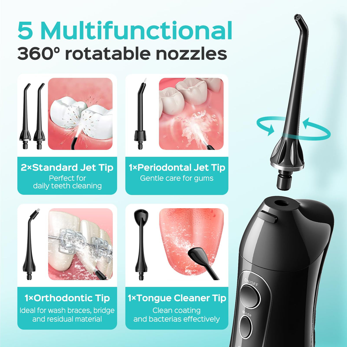 COSLUS Water Flosser Cordless - Portable Oral Irrigator 300ML - 5 Jet Tips Rechargeable - IPX7 Waterproof Black - Teeth Braces Cleaner - Damaged Box