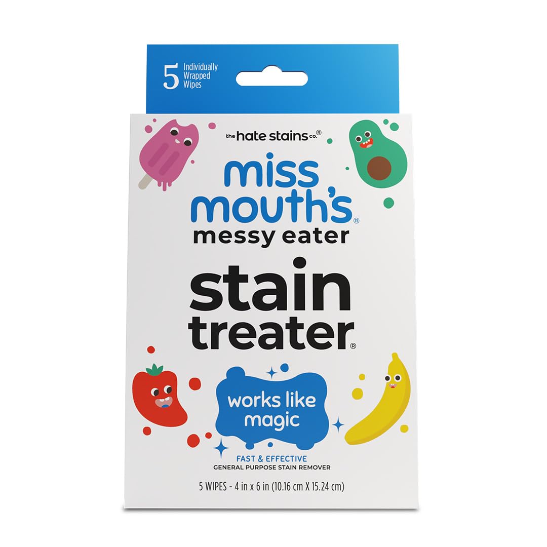 Miss Mouth's Messy Eater Stain Remover On-The-Go Wipes - 5 Count - Portable Laundry Stain Remover for Clothes Fabric - Damaged Box