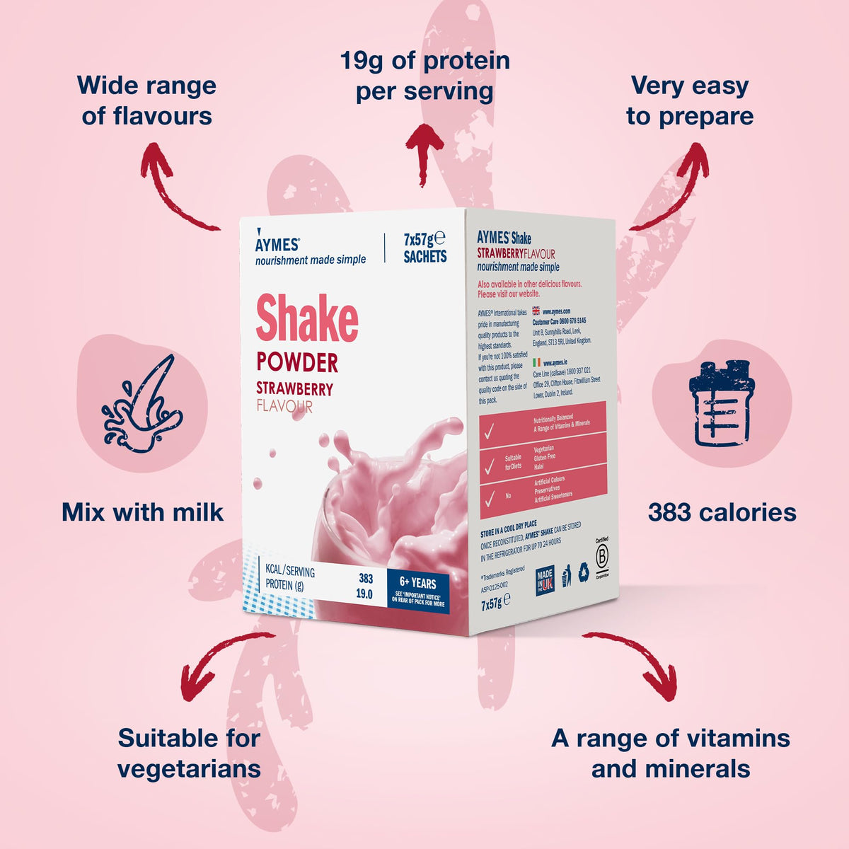 AYMES High Protein Shake Powder - Strawberry Flavour - 7 Servings - Nutritional Supplement Drink - Damaged Box - BBE 11/2027