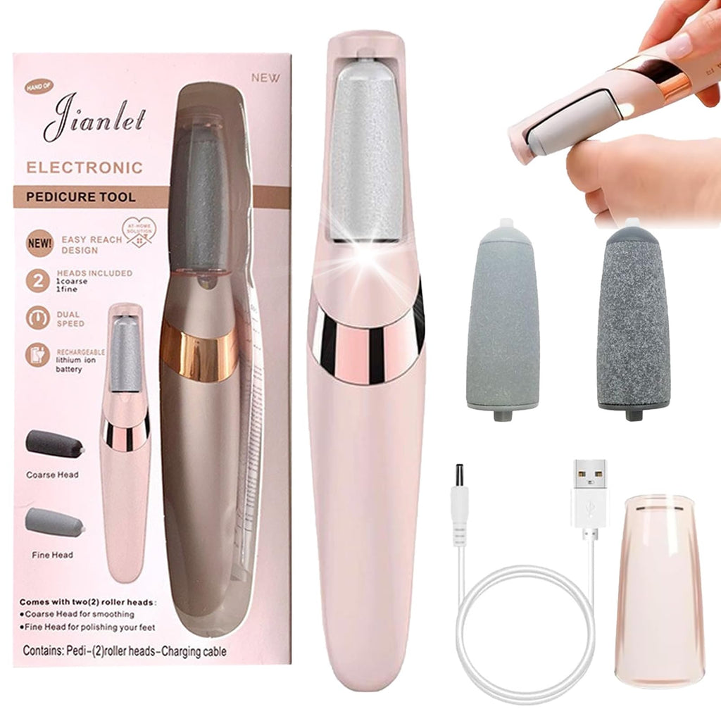 Electric Foot File Callus Remover - USB Rechargeable Waterproof Pink Pedicure Tool for Cracked Heels - 2 Heads - Damaged Box