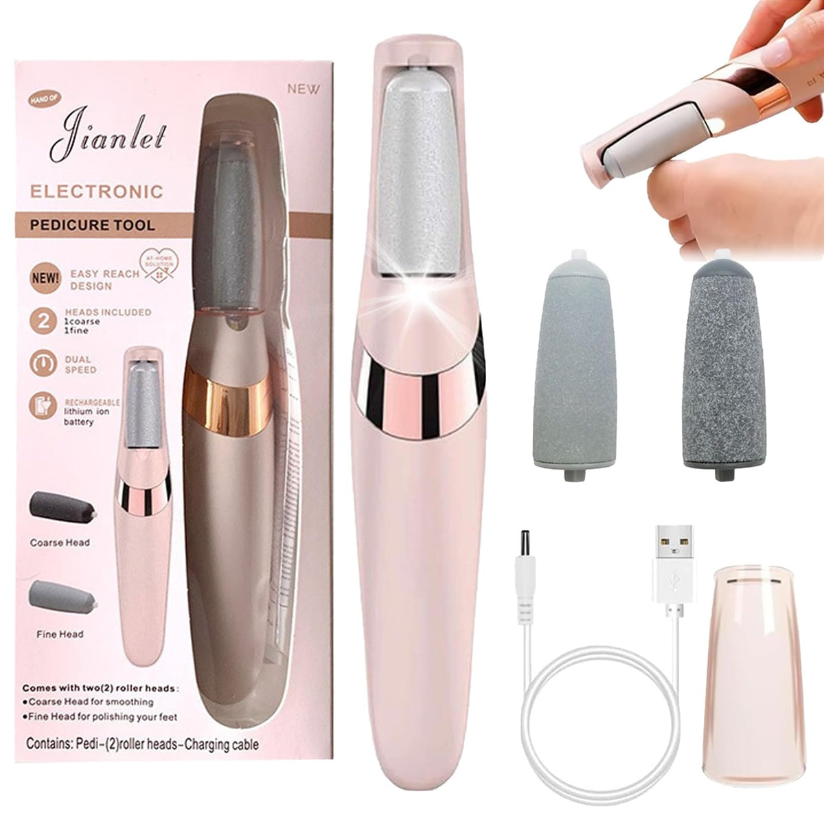 Electric Foot File Callus Remover - USB Rechargeable Waterproof Pink Pedicure Tool for Cracked Heels - 2 Heads - Damaged Box