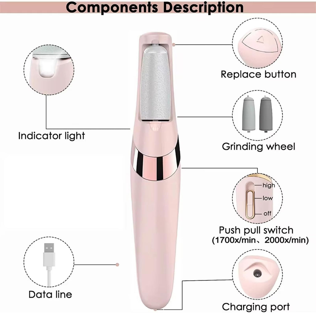 Electric Foot File Callus Remover - USB Rechargeable Waterproof Pink Pedicure Tool for Cracked Heels - 2 Heads - Damaged Box