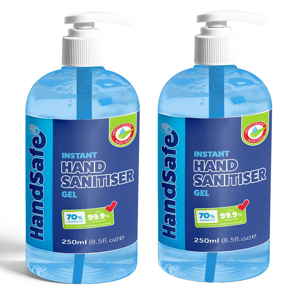 Handsafe Hand Sanitiser Gel - Hospital Grade - 2x 250ml Pump Bottles - Kills Bacteria Viruses - Alcohol Based - Damaged Box