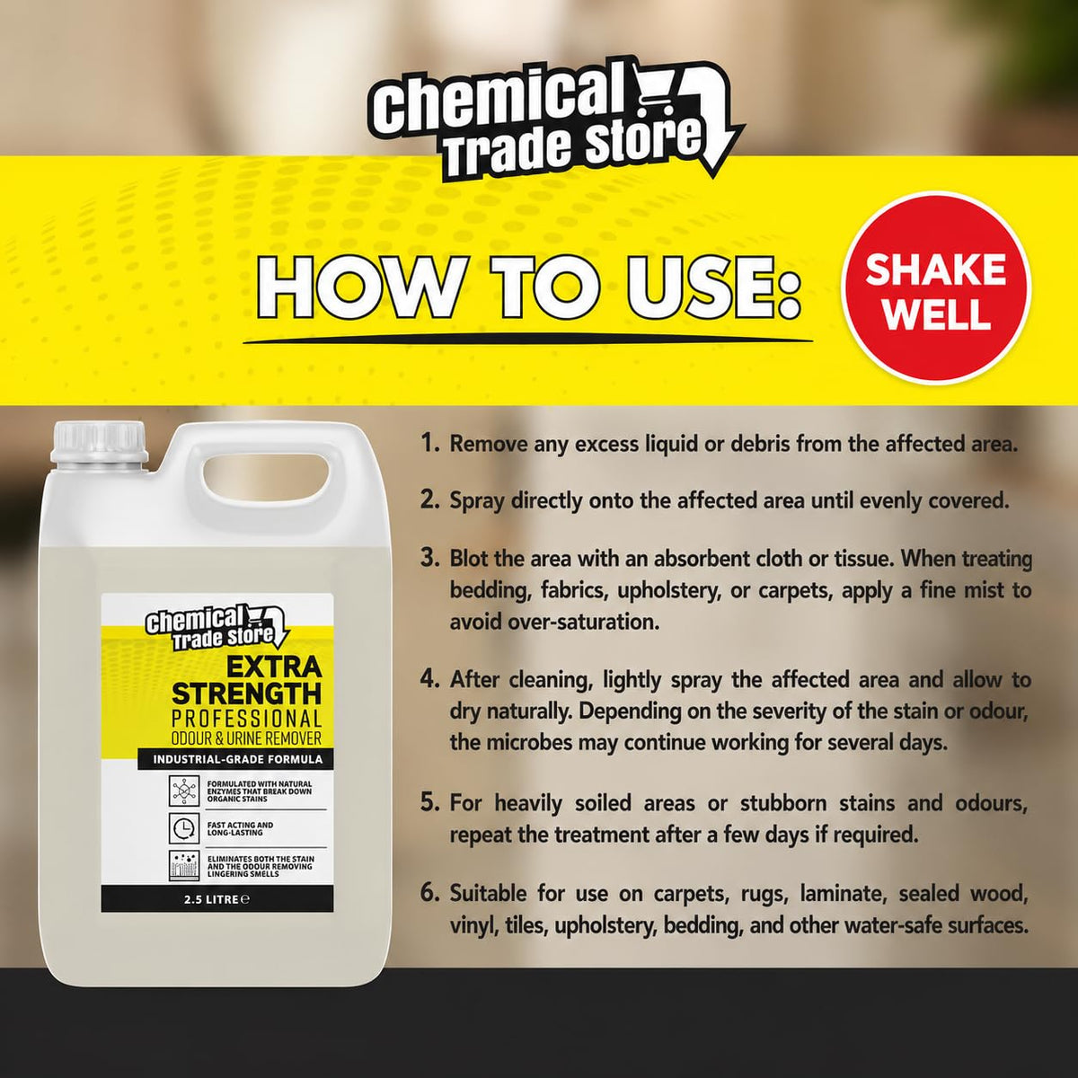 Chemical Trade Store Enzyme Odour & Urine Remover 2.5L - Professional Pet Stain Eliminator for Carpets, Upholstery & Hard Floors - New