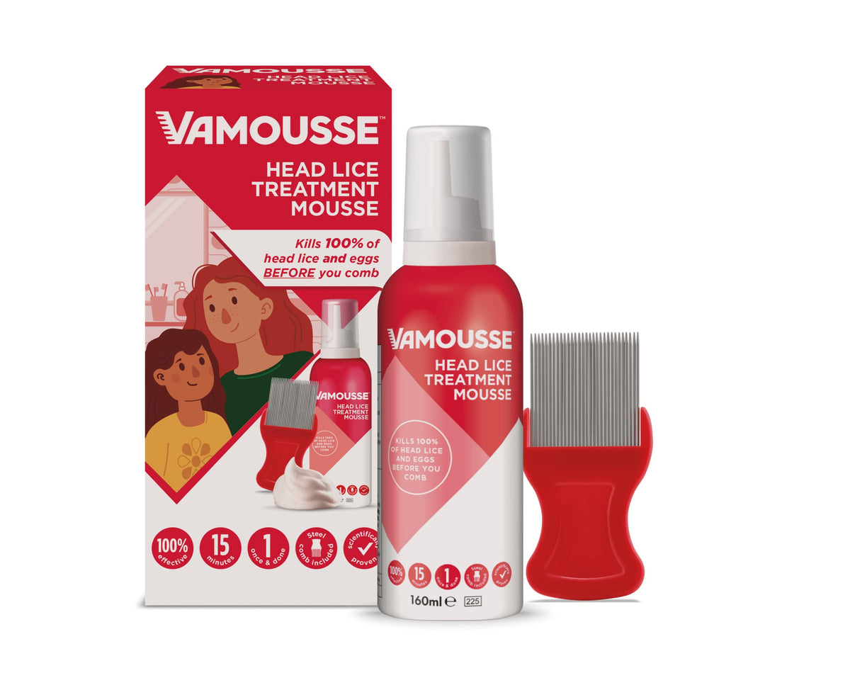 Vamousse Head Lice Treatment Mousse 160ml - Kills Lice & Eggs in 15 Mins - One-Time Application - Nit Comb Included - New - BBE 02/2028