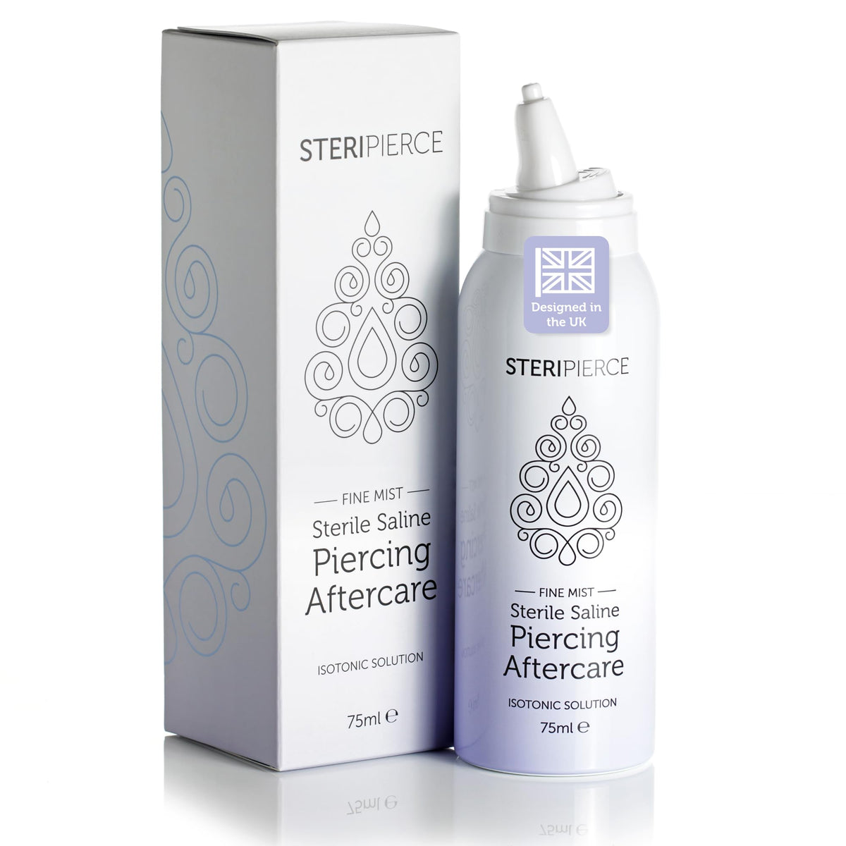 SteriPierce Sterile Saline Solution - Piercing Cleaning Spray for Nose Ear Body - 75ml Hypoallergenic Vegan - Damaged Box - BBE 11/2028