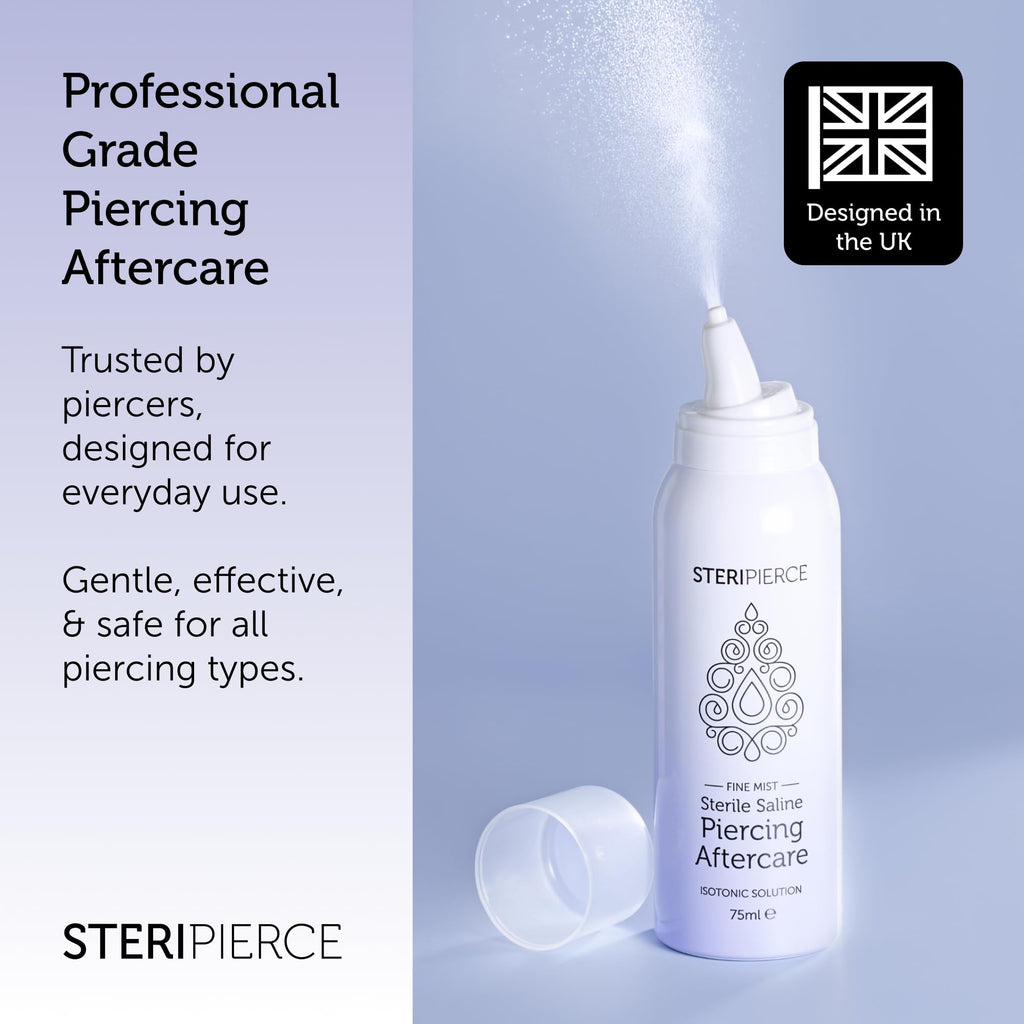 SteriPierce Sterile Saline Solution - Piercing Cleaning Spray for Nose Ear Body - 75ml Hypoallergenic Vegan - Damaged Box - BBE 11/2028