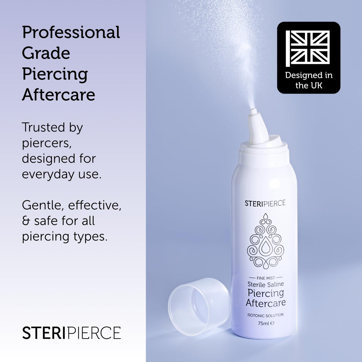 SteriPierce Sterile Saline Solution - Piercing Cleaning Spray for Nose Ear Body - 75ml Hypoallergenic Vegan - Damaged Box - BBE 11/2028