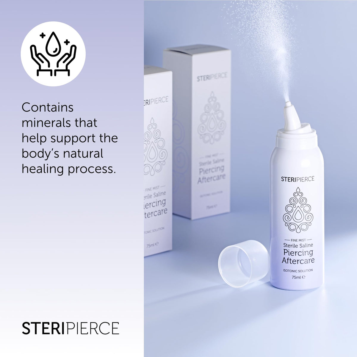 SteriPierce Sterile Saline Solution - Piercing Cleaning Spray for Nose Ear Body - 75ml Hypoallergenic Vegan - Damaged Box - BBE 11/2028