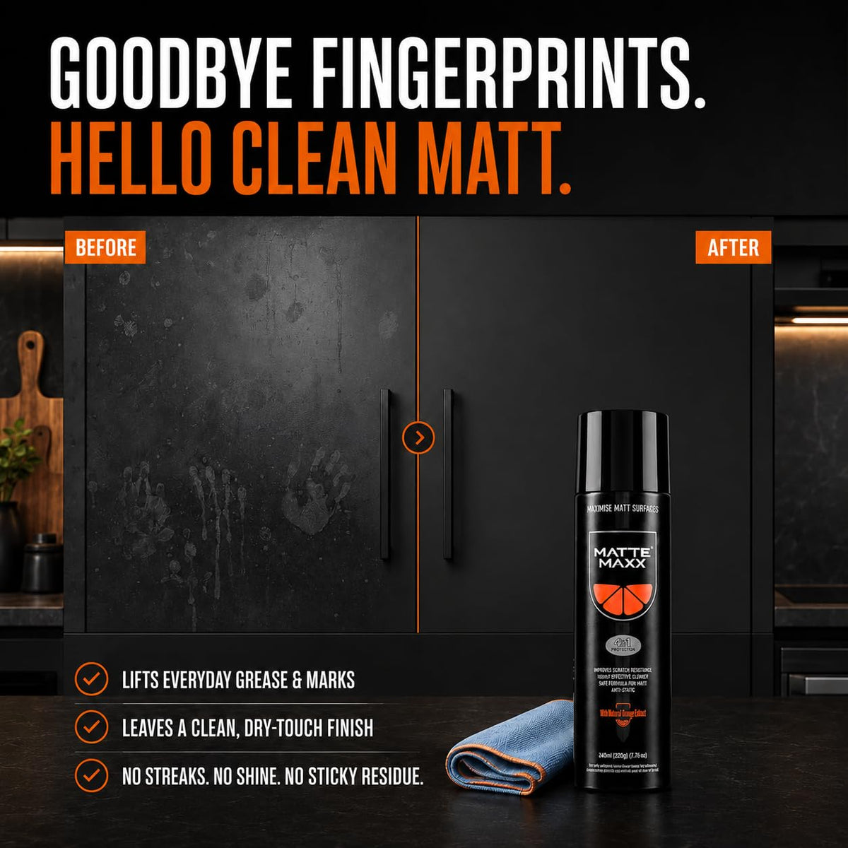 VuPlex Matte Maxx Matt Kitchen Cleaner Spray - Cupboards Doors - 240ml - Streak-Free Finish - Damaged Box