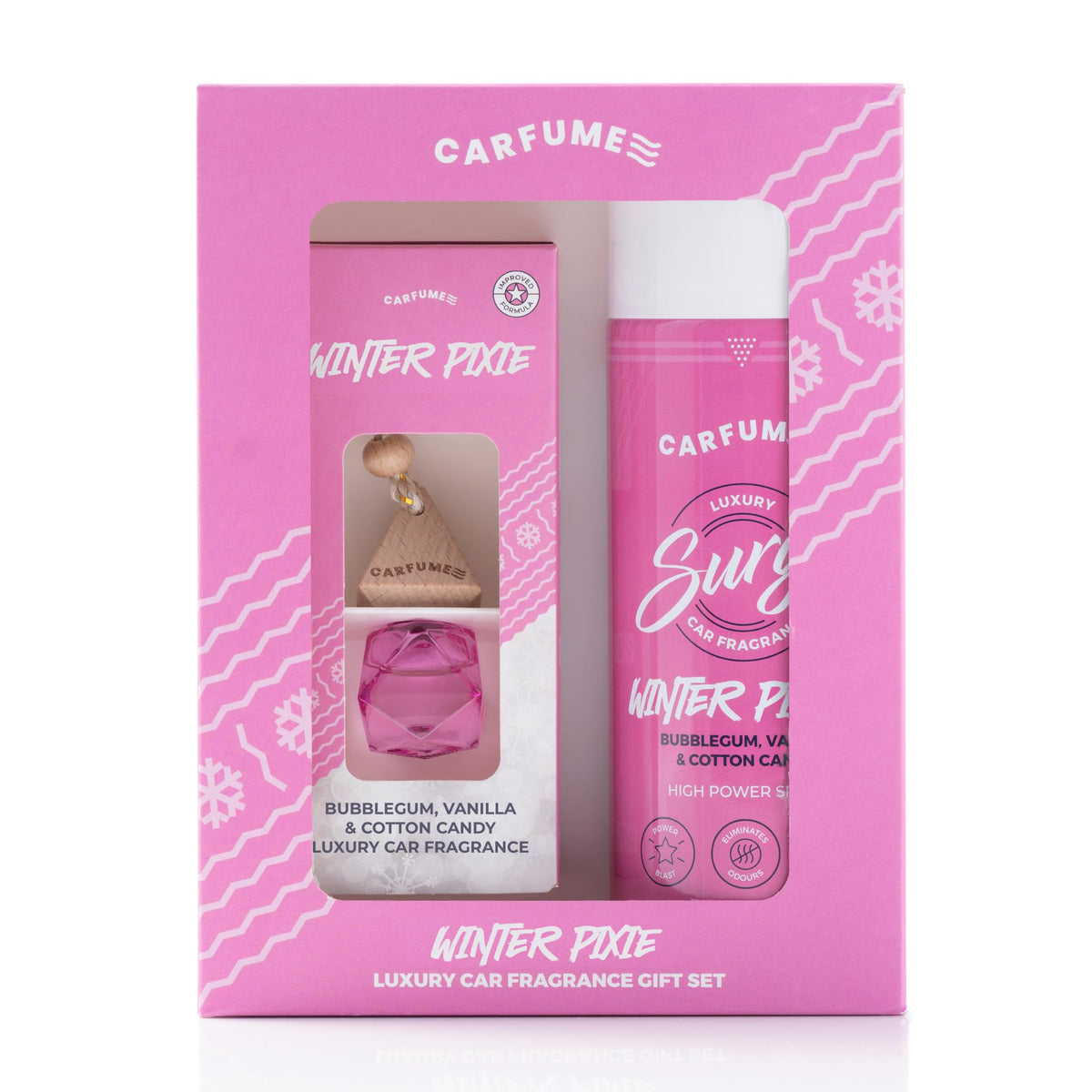 Carfume Winter Pixie Car Air Freshener Gift Set - Bubblegum Vanilla Cotton Candy - Hanging Diffuser Surge Can - Pink Car Accessory - Damaged Box