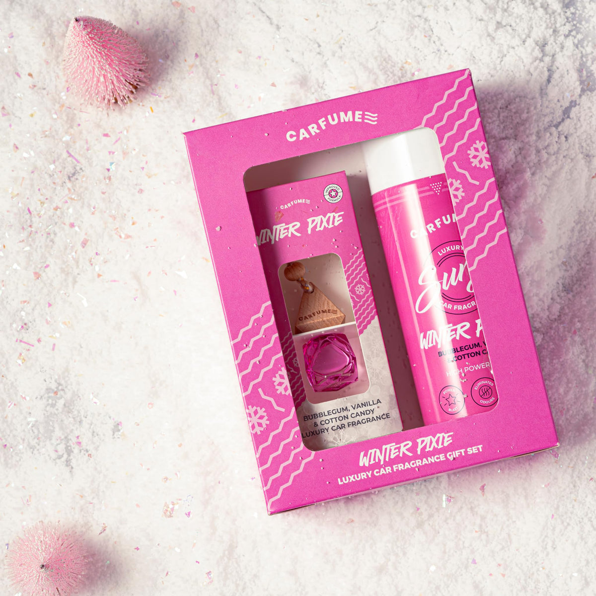 Carfume Winter Pixie Car Air Freshener Gift Set - Bubblegum Vanilla Cotton Candy - Hanging Diffuser Surge Can - Pink Car Accessory - Damaged Box