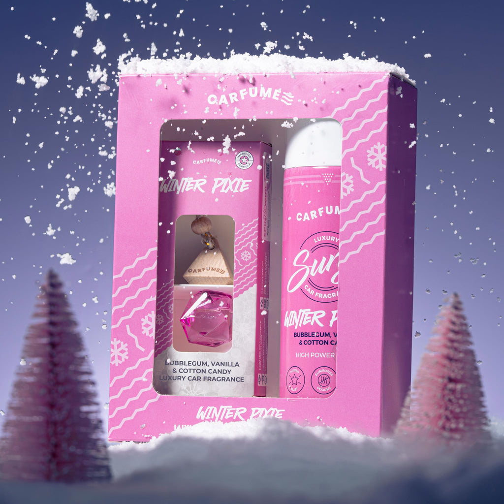 Carfume Winter Pixie Car Air Freshener Gift Set - Bubblegum Vanilla Cotton Candy - Hanging Diffuser Surge Can - Pink Car Accessory - Damaged Box