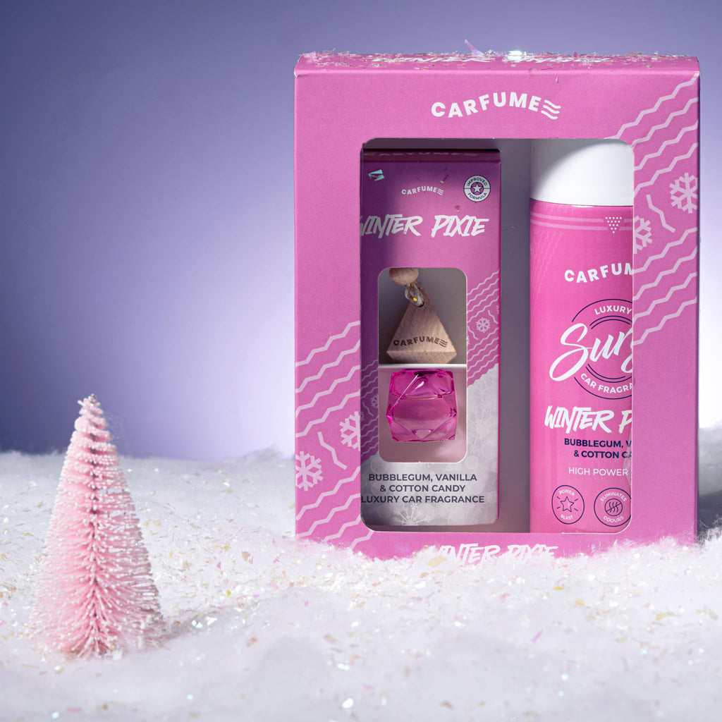 Carfume Winter Pixie Car Air Freshener Gift Set - Bubblegum Vanilla Cotton Candy - Hanging Diffuser Surge Can - Pink Car Accessory - Damaged Box