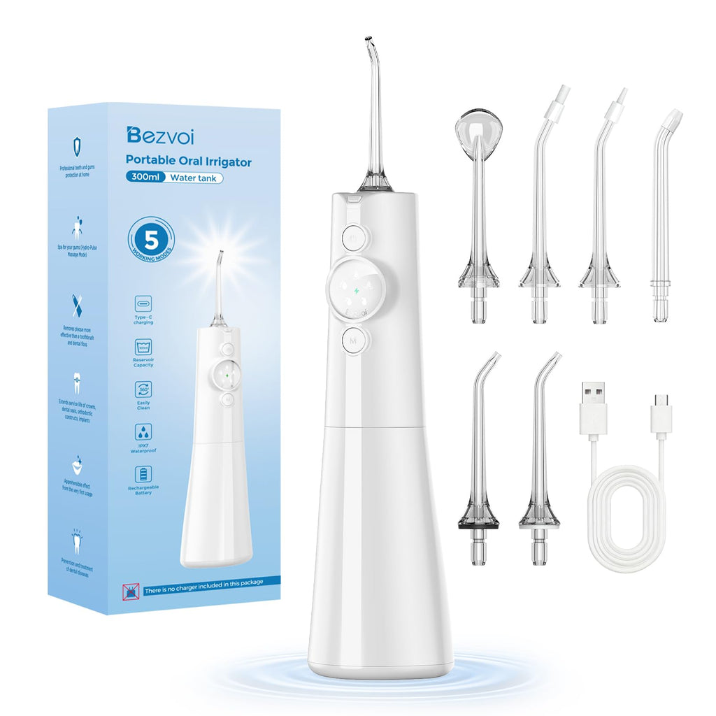 Bezvoi Water Flosser Cordless - Oral Irrigator LED Display 5 Modes 300ml IPX7 Electric Tooth Cleaner 6 Jet Tips - White - Damaged Box