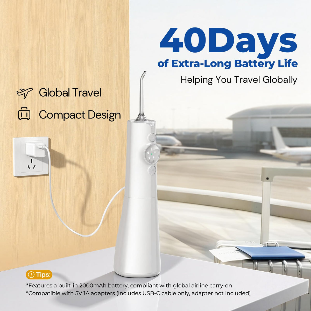 Bezvoi Water Flosser Cordless - Oral Irrigator LED Display 5 Modes 300ml IPX7 Electric Tooth Cleaner 6 Jet Tips - White - Damaged Box
