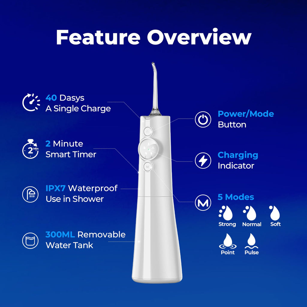 Bezvoi Water Flosser Cordless - Oral Irrigator LED Display 5 Modes 300ml IPX7 Electric Tooth Cleaner 6 Jet Tips - White - Damaged Box