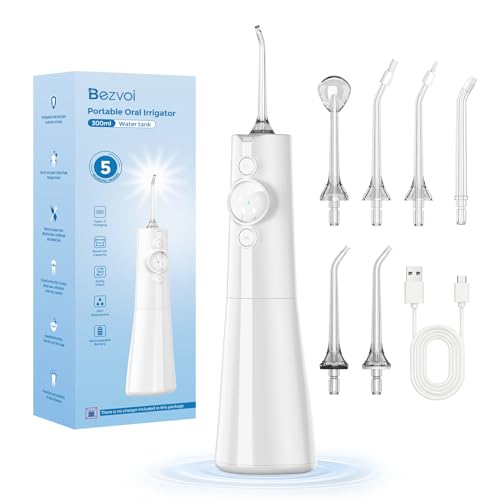 Bezvoi Water Flosser Cordless - Oral Irrigator LED Display 5 Modes 300ml IPX7 Electric Tooth Cleaner 6 Jet Tips - White - Damaged Box