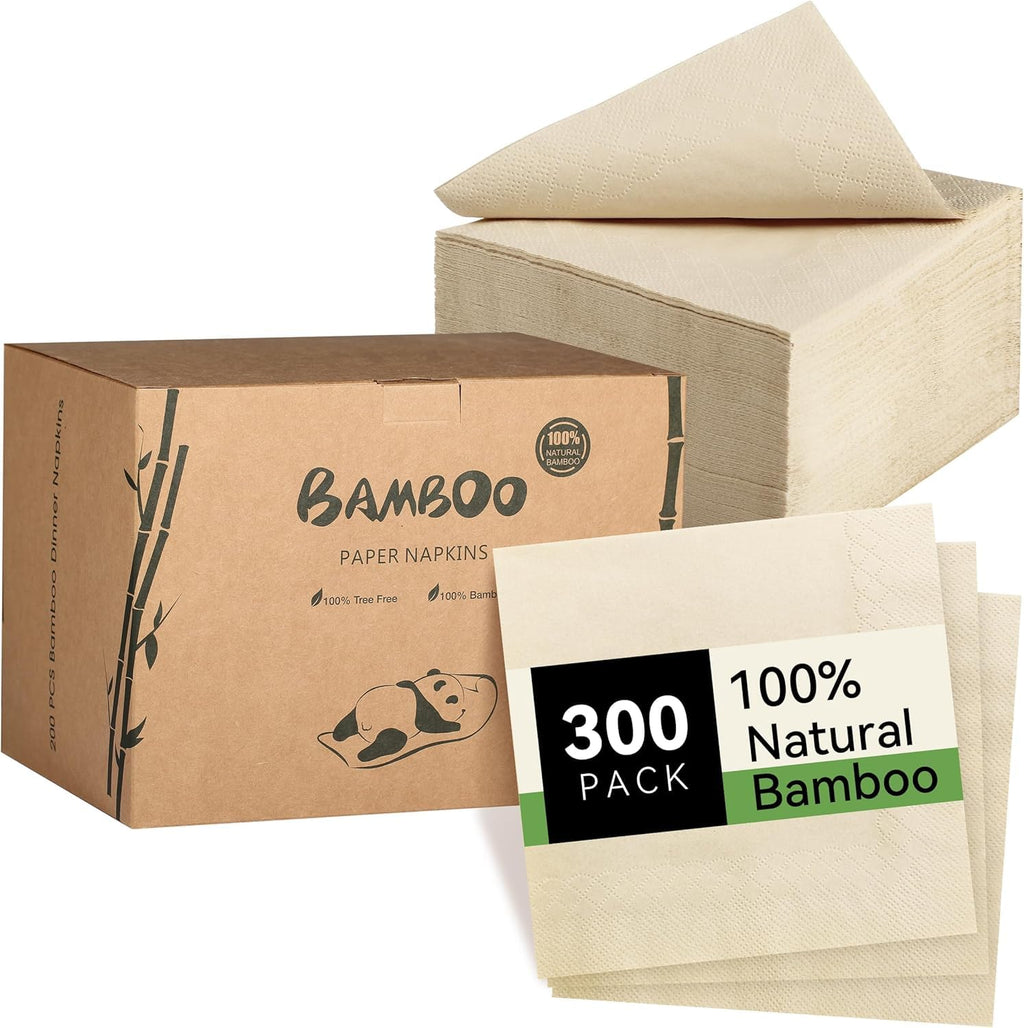 LEKOCH 300 Pcs Disposable Bamboo Paper Napkins - 2 Ply Compostable Eco Friendly Dinner Napkins 40x40cm - Damaged Box