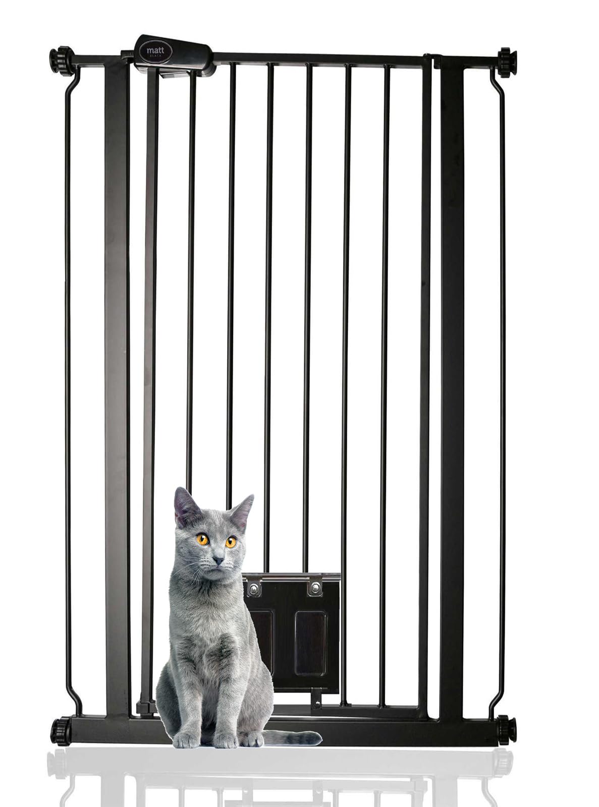 Bettacare Pet Gate with Lockable Cat Flap - Extra Tall Dog Safety Barrier - 75-84cm Wide - 104cm Height - Black - Damaged Box