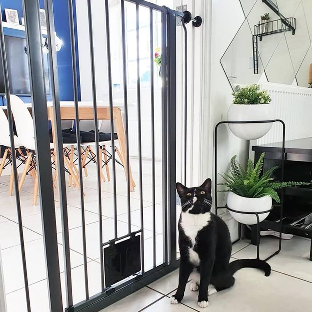 Bettacare Pet Gate with Lockable Cat Flap - Extra Tall Dog Safety Barrier - 75-84cm Wide - 104cm Height - Black - Damaged Box