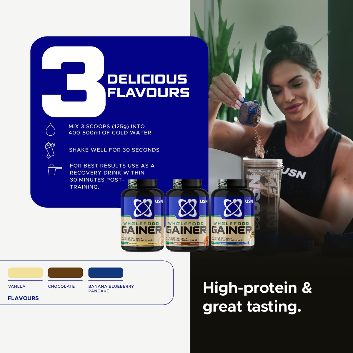 USN Wholefood Muscle Gain Protein Powder - Vanilla - 2kg Vegan All-in-One Protein Shake Mix - Mass Gainer Meal Replacement - Damaged Box - BBE 06/2028