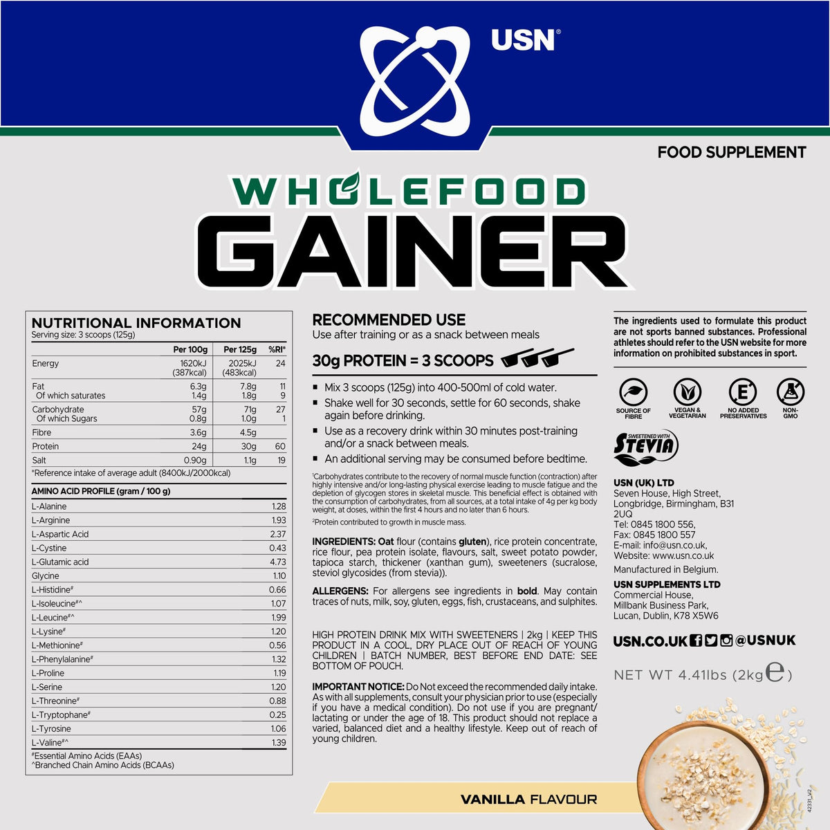 USN Wholefood Muscle Gain Protein Powder - Vanilla - 2kg Vegan All-in-One Protein Shake Mix - Mass Gainer Meal Replacement - Damaged Box - BBE 06/2028