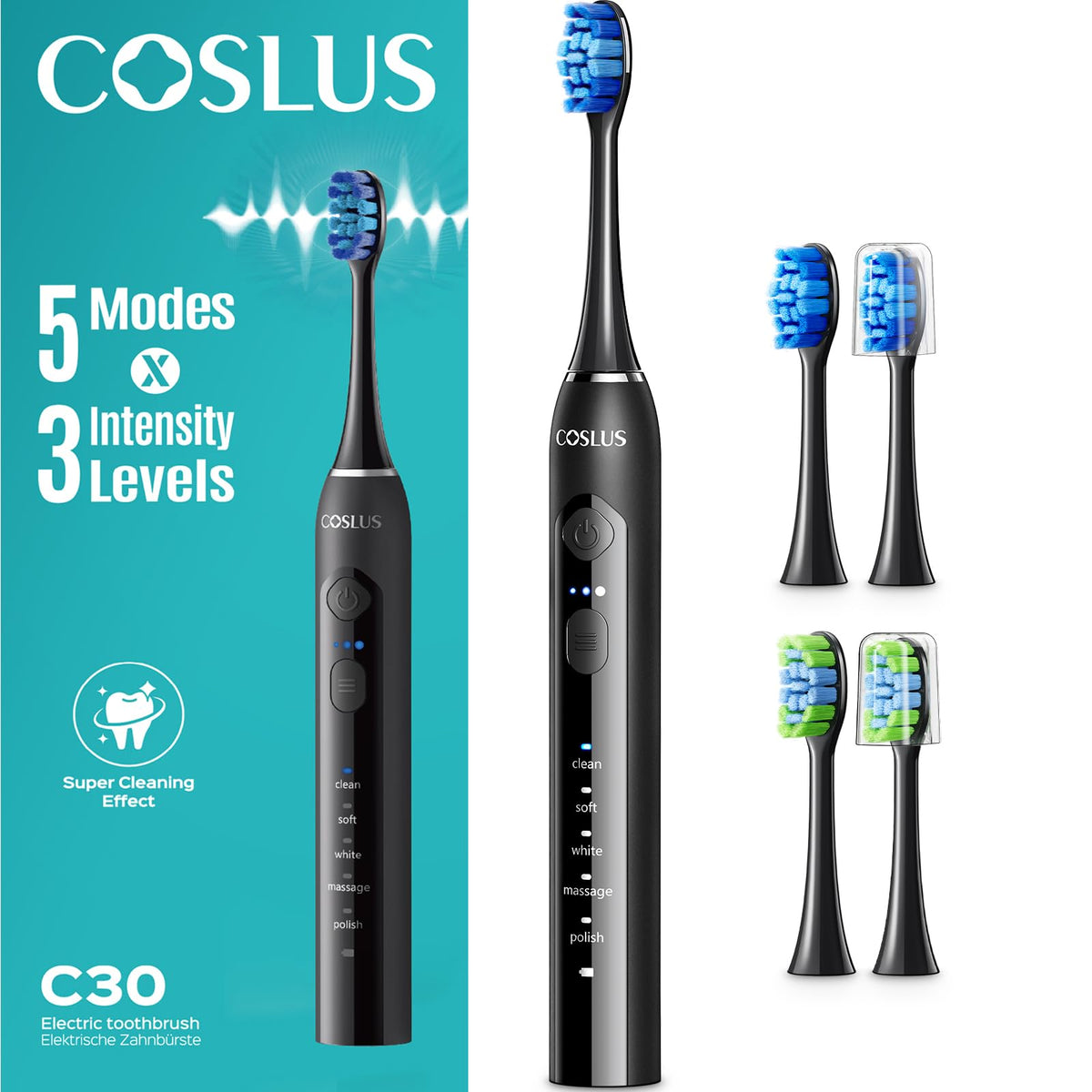 COSLUS C30 Sonic Electric Toothbrush - Deep Cleaning Whitening - 5 Modes 3 Intensity Levels - Black Adults Sensitive Teeth Braces - Damaged Box