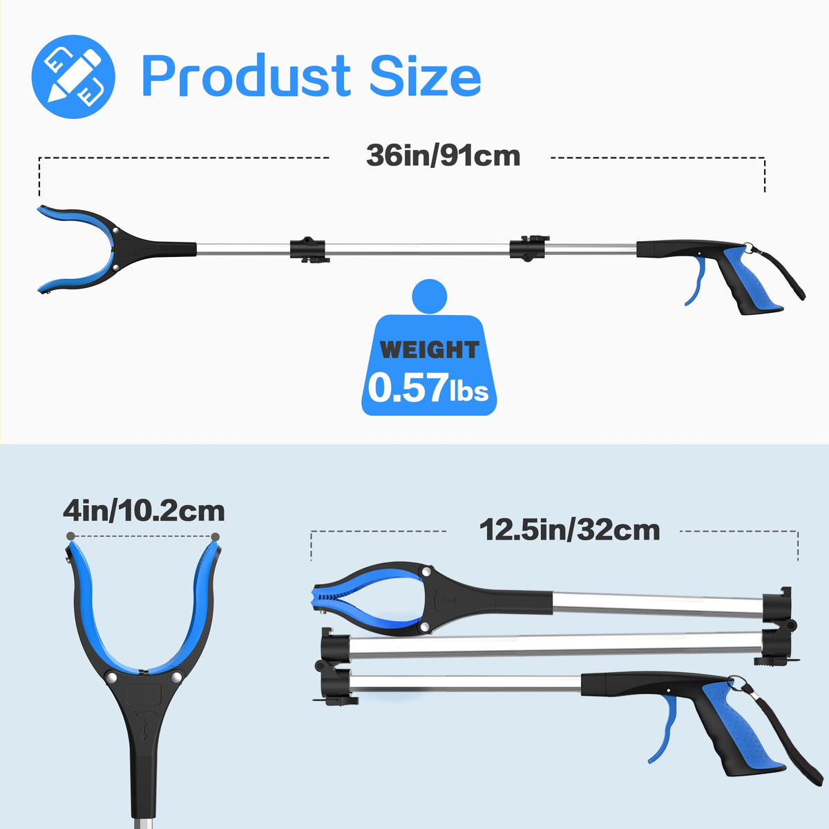 Litter Picker Grabber Stick - Foldable Long Reach Grabber Tool - 91cm 36 Inch - Magnetic Tip - Mobility Aid Rubbish Trash Pick Up - - Damaged Box