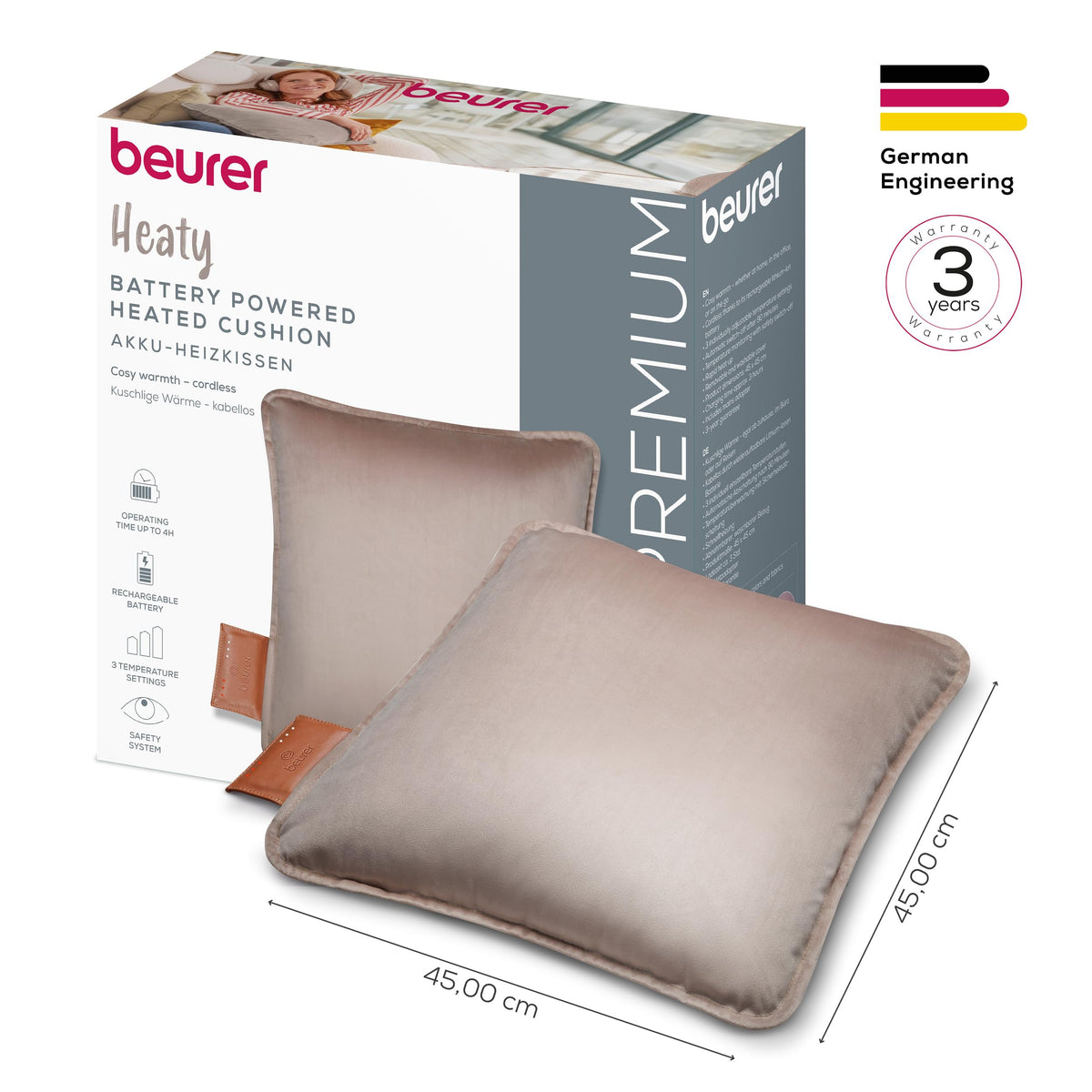 Beurer Heaty Cordless Heating Pad - Battery Powered - 3 Temp Settings - Fast Heat - Smokey Taupe Velvet Fabric - Very Good