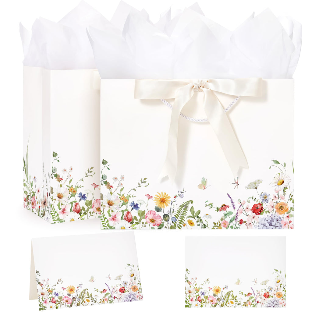 Crisky 2 Pack Wildflower Gift Bag Set with Tissue Paper & Cards - Floral Present Bags - New