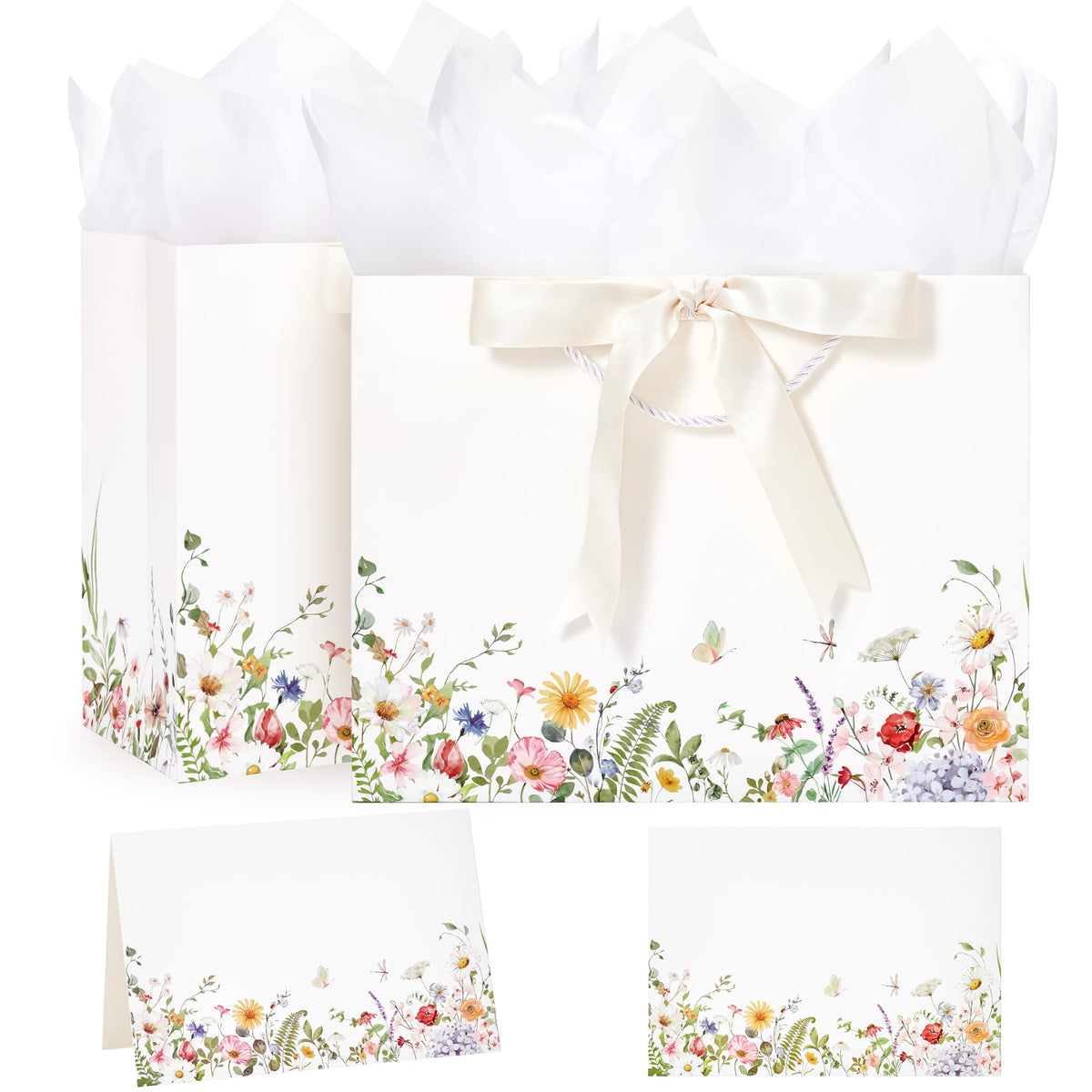 Crisky 2 Pack Wildflower Gift Bag Set with Tissue Paper & Cards - Floral Present Bags - New