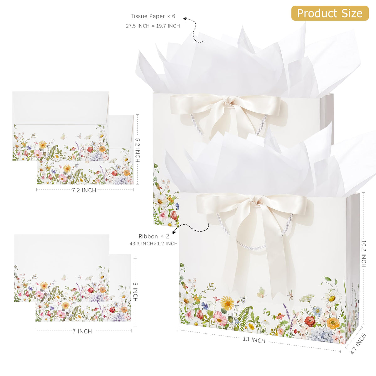 Crisky 2 Pack Wildflower Gift Bag Set with Tissue Paper & Cards - Floral Present Bags - New