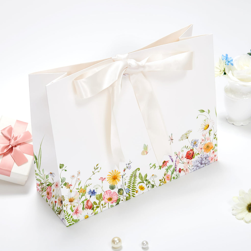 Crisky 2 Pack Wildflower Gift Bag Set with Tissue Paper & Cards - Floral Present Bags - New