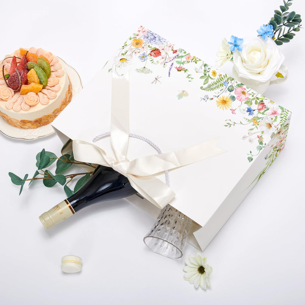 Crisky 2 Pack Wildflower Gift Bag Set with Tissue Paper & Cards - Floral Present Bags - New