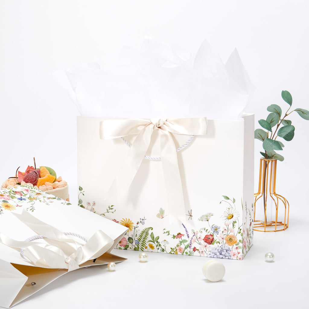 Crisky 2 Pack Wildflower Gift Bag Set with Tissue Paper & Cards - Floral Present Bags - New