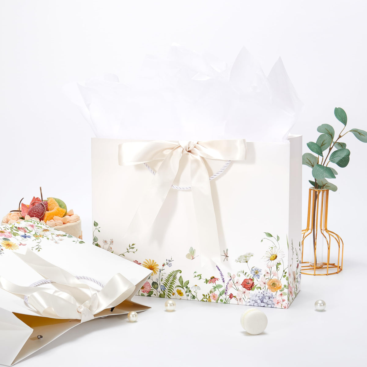Crisky 2 Pack Wildflower Gift Bag Set with Tissue Paper & Cards - Floral Present Bags - New