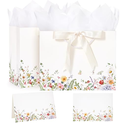 Crisky 2 Pack Wildflower Gift Bag Set with Tissue Paper & Cards - Floral Present Bags - New