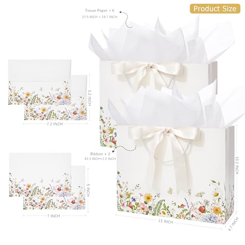 Crisky 2 Pack Wildflower Gift Bag Set with Tissue Paper & Cards - Floral Present Bags - New
