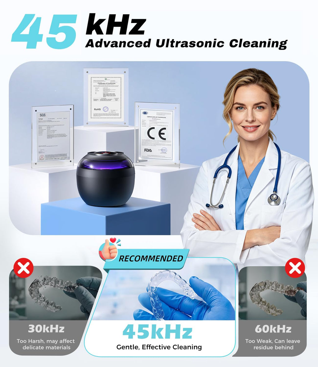 Opilea Ultrasonic Retainer Cleaner Machine - 45kHz Dental Cleaning Pod - Aligners Dentures Mouthguards Night Guards - New