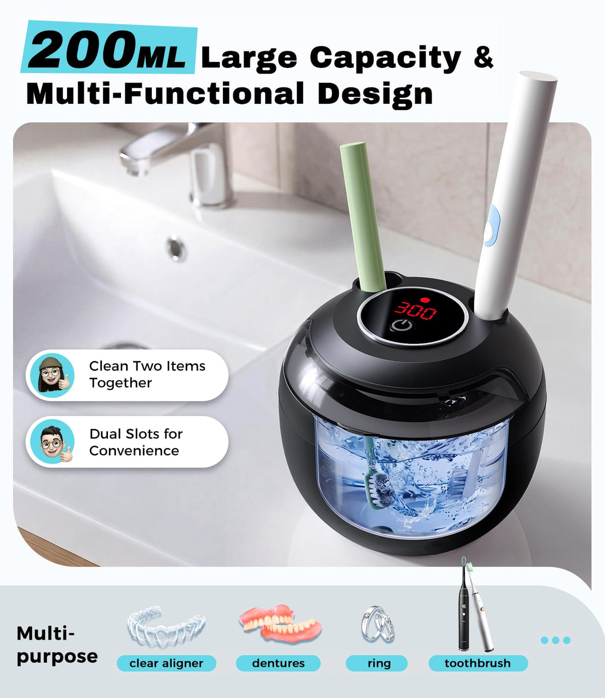 Opilea Ultrasonic Retainer Cleaner Machine - 45kHz Dental Cleaning Pod - Aligners Dentures Mouthguards Night Guards - New