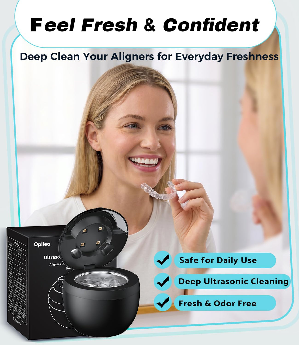 Opilea Ultrasonic Retainer Cleaner Machine - 45kHz Dental Cleaning Pod - Aligners Dentures Mouthguards Night Guards - New