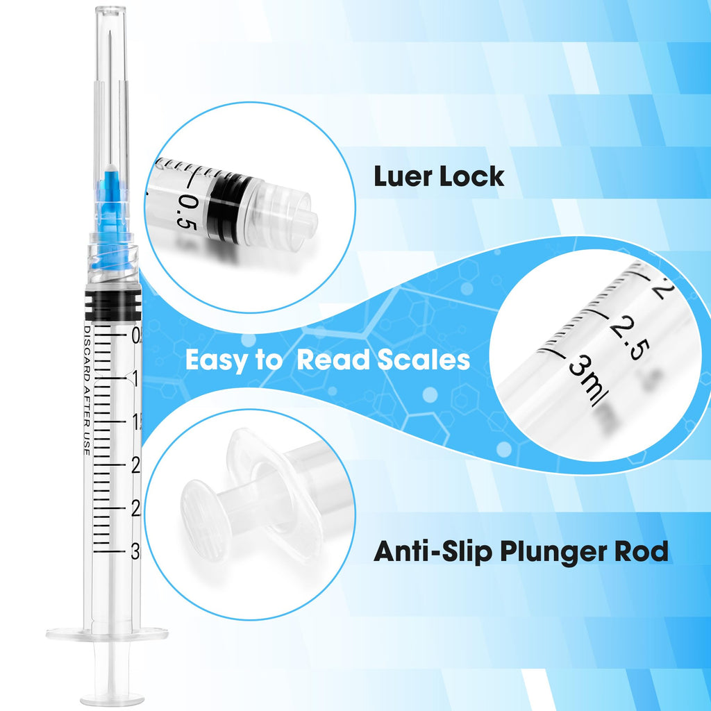 3ml Syringes with 23G 25mm Needle - 100 Pack Individually Wrapped Plastic Tube Lab Dispensing Tools for Liquid Refilling Measuring - Damaged Box
