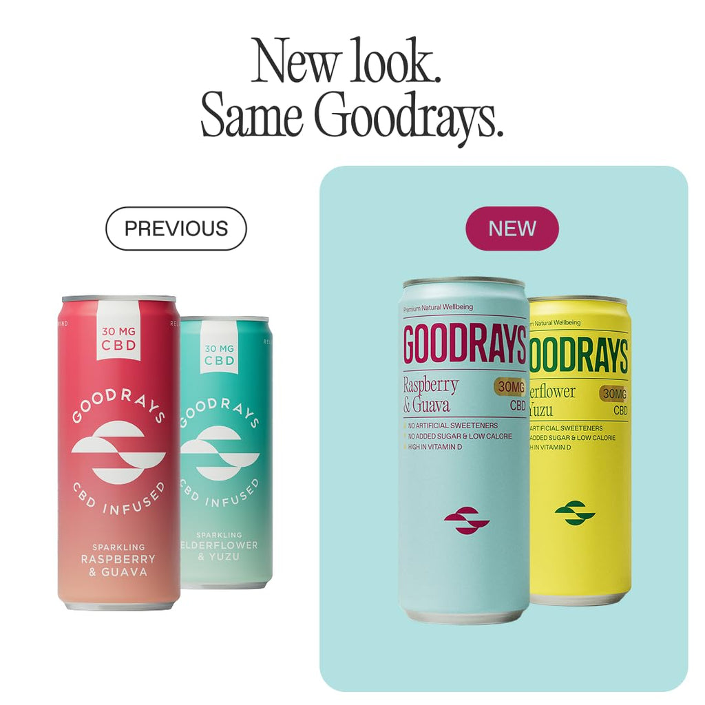 GOODRAYS CBD Drinks Sparkling Soft Drink - Elderflower Yuzu & Raspberry Guava - 12 x 250ml Cans Low Calorie Vegan - New - BBE 09/2026